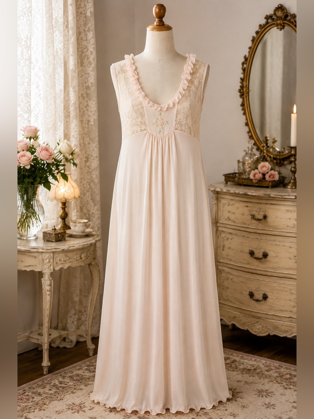 Vintage Shadowline Pink Lace Nightgown Medium Floral Embroidered Ruffle Maxi